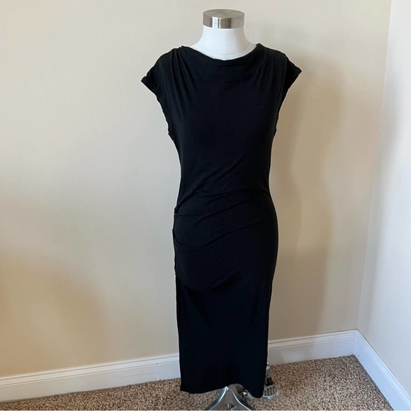 James Perse Cap Sleeve Gathered T-Shirt Midi Dress Size 1 Solid Black 959 - Picture 2 of 9